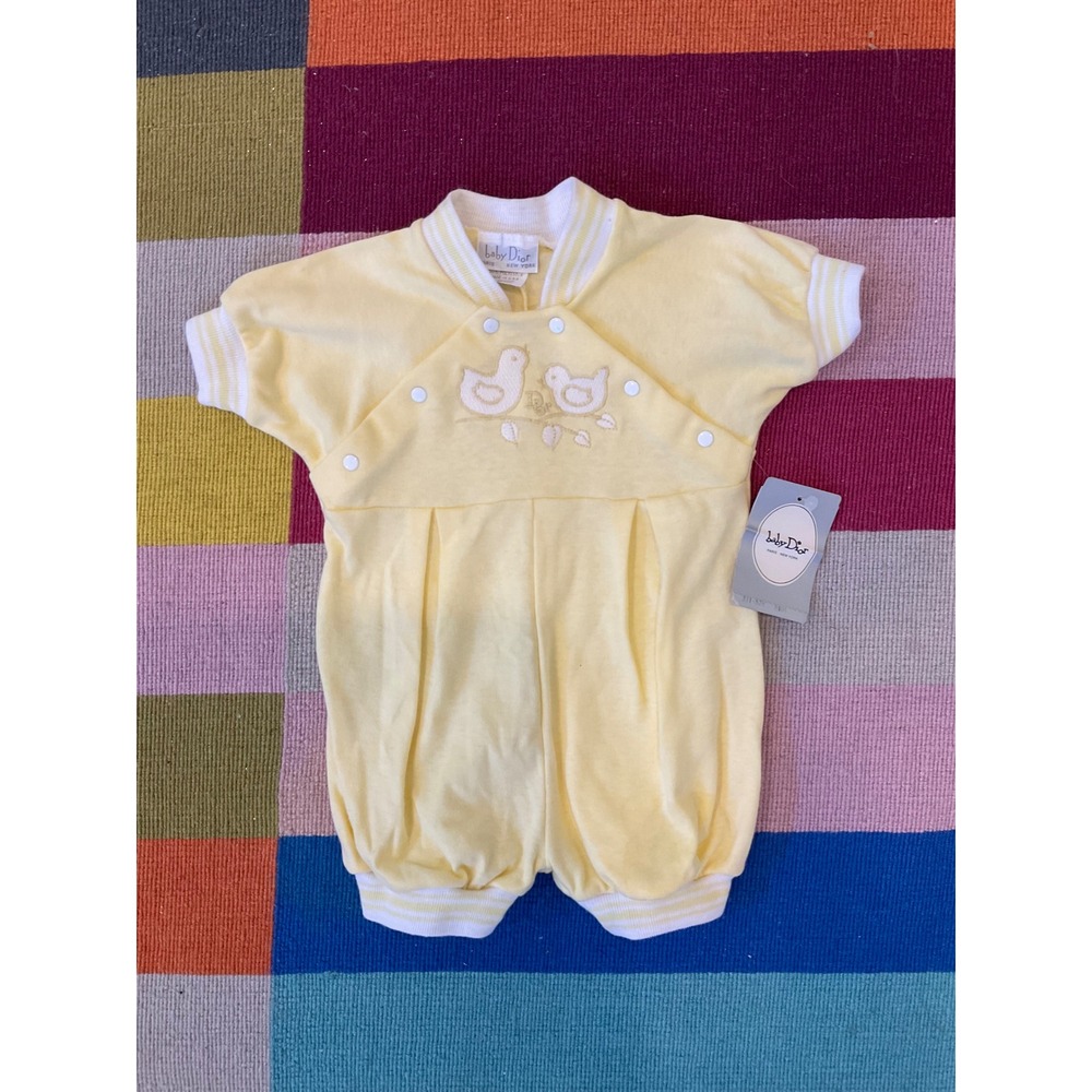 NWT Vintage Baby Dior Yellow Bird Embroidered Romper 9 Months Made in USA